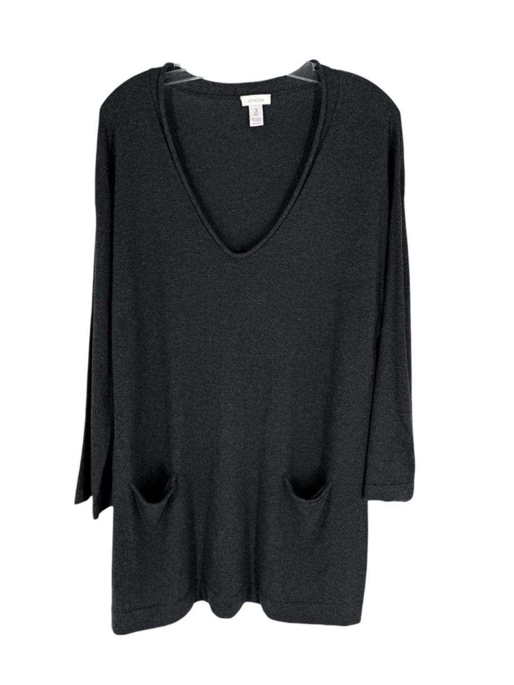 Chicos Lagenlook Tunic Size 3 Charcoal Gray Knit Cotton Blend Pockets Womens XL